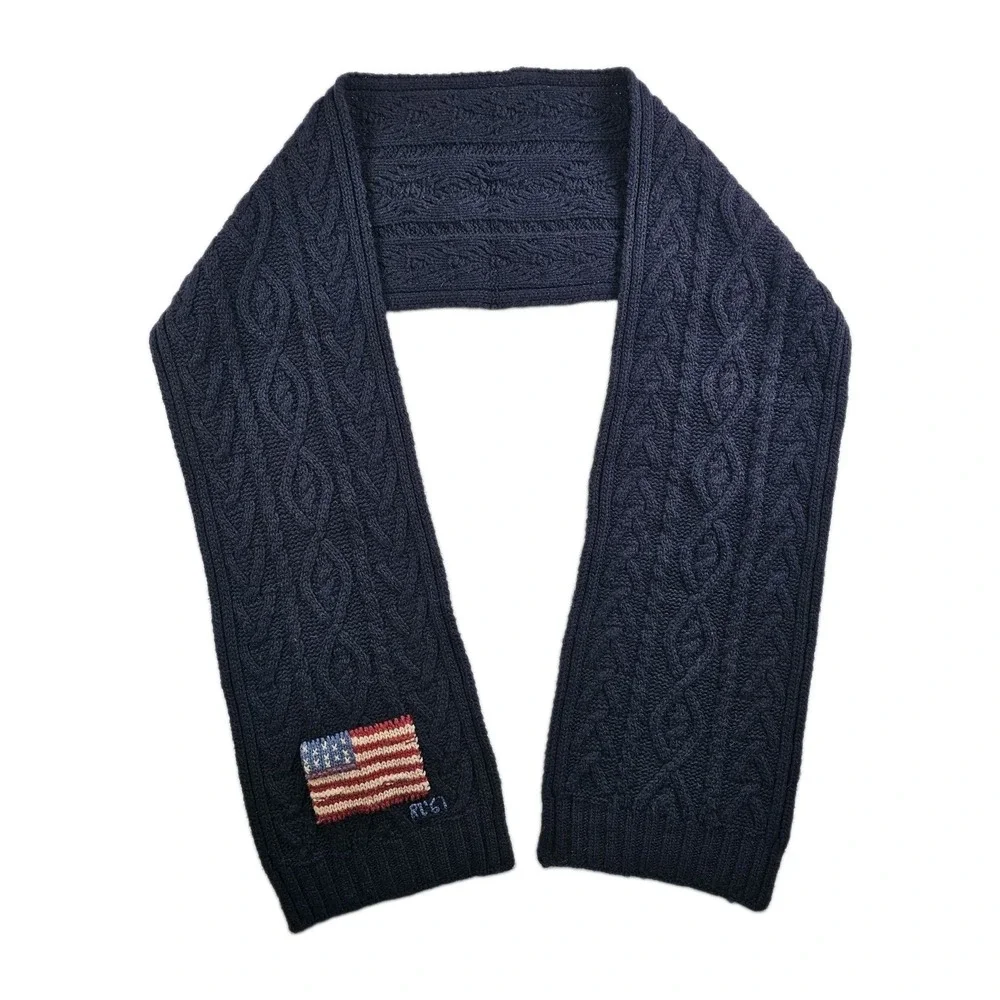 Polo Ralph Lauren RL 67 Lambs Wool Scarf Navy Cable Knit American USA Flag 8x66